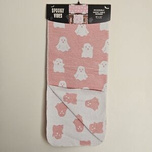 NWT Reversible Sparkly Pink & White Ghost Halloween Table Runner 16x72"